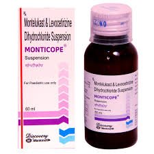 Monticope Suspension bottle for allergy and respiratory symptom relief in children.